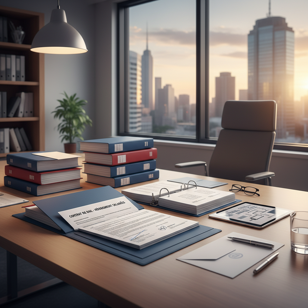 Bureau avec contrats de bail et documents de conformité.