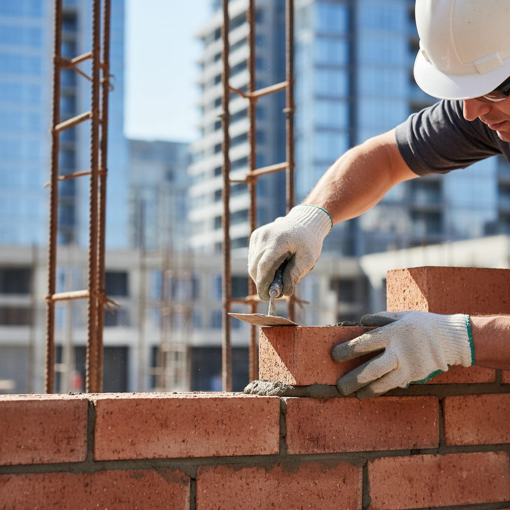 Gros plan sur un maçon posant des briques sur un chantier.