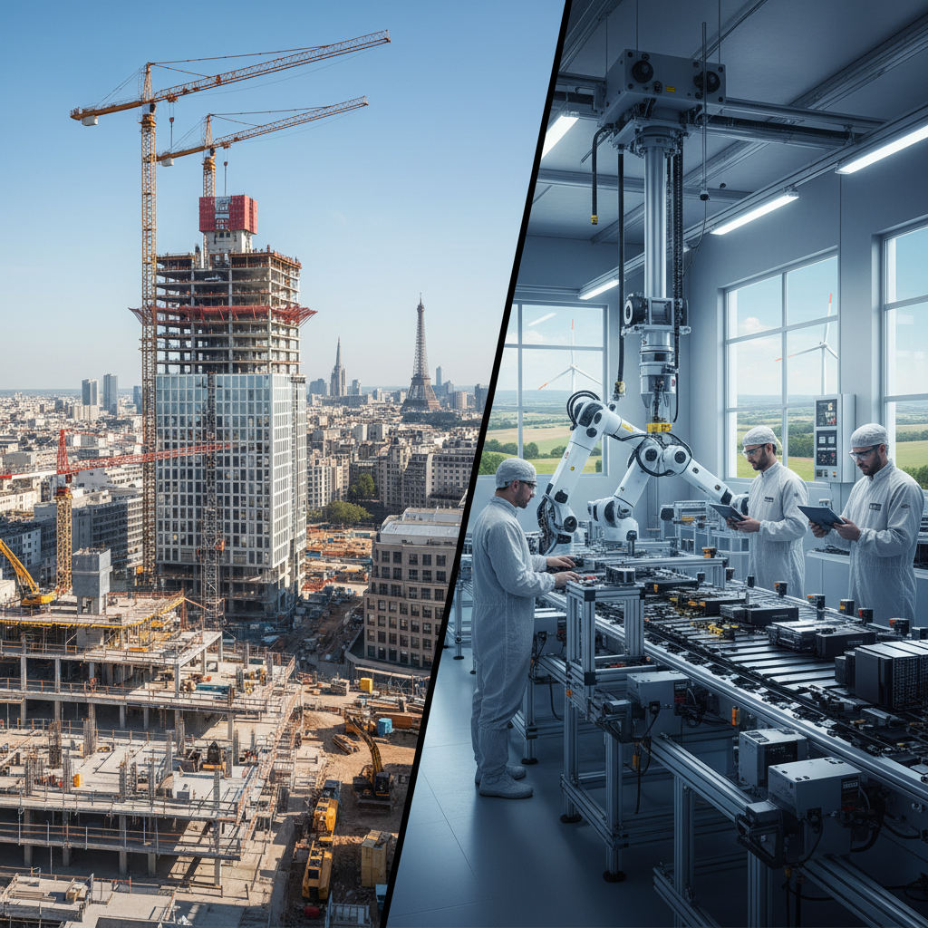 Chantier moderne et usine high-tech : demande de main-d'œuvre qualifiée.