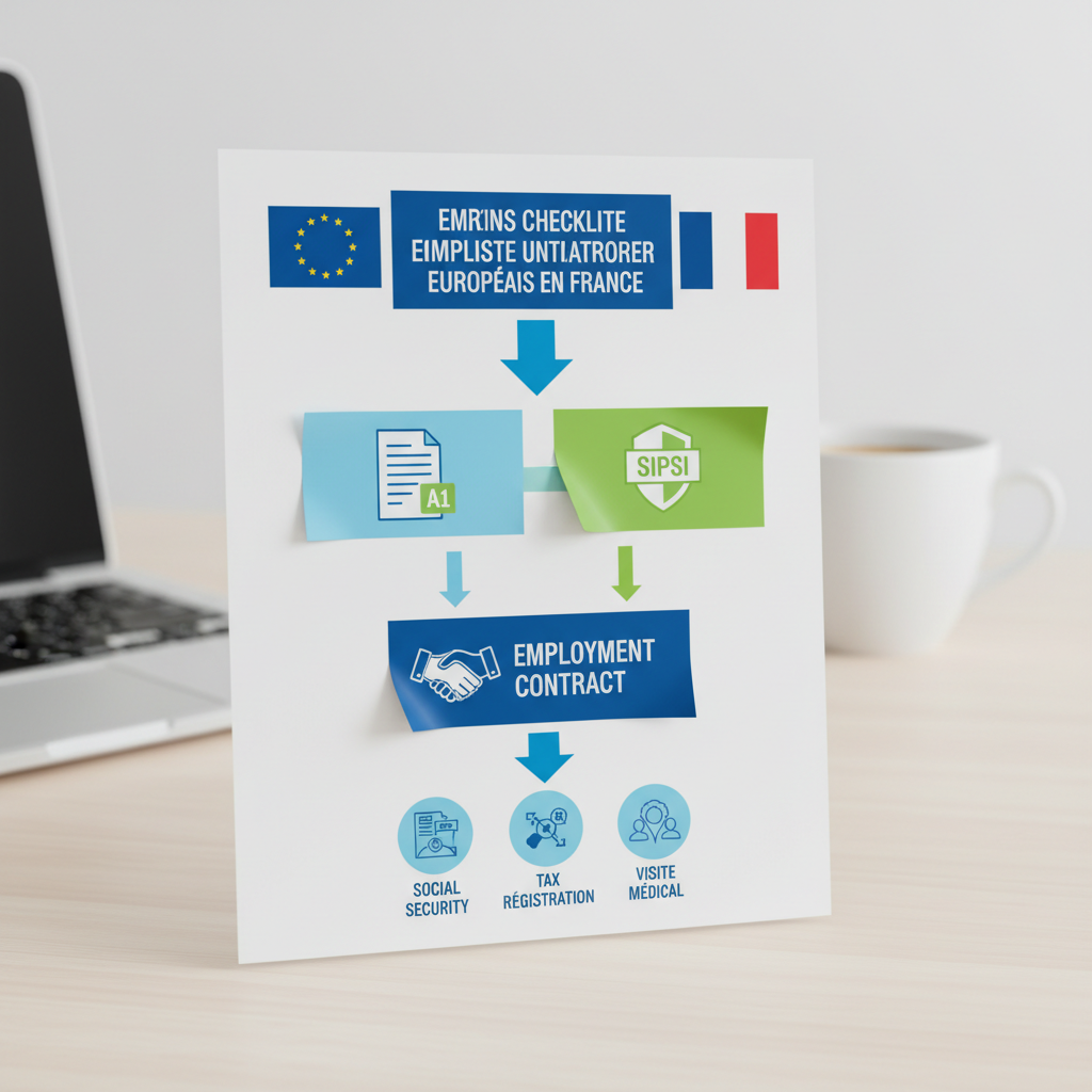 Infographie : checklist administrative pour l'embauche d'un travailleur européen en France.