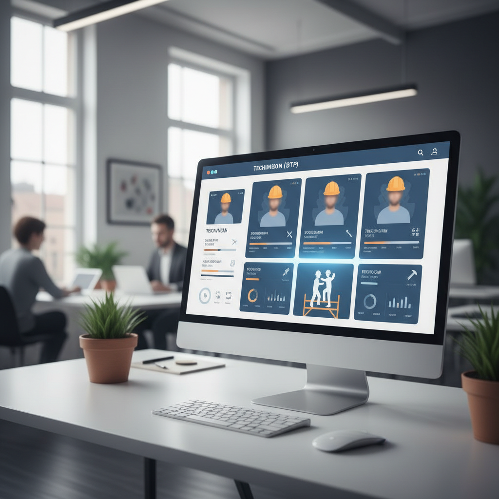 Interface de plateforme numérique de recrutement de techniciens BTP.