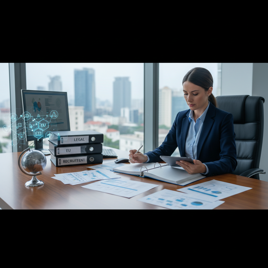Agent administratif vérifiant des documents de conformité UE.