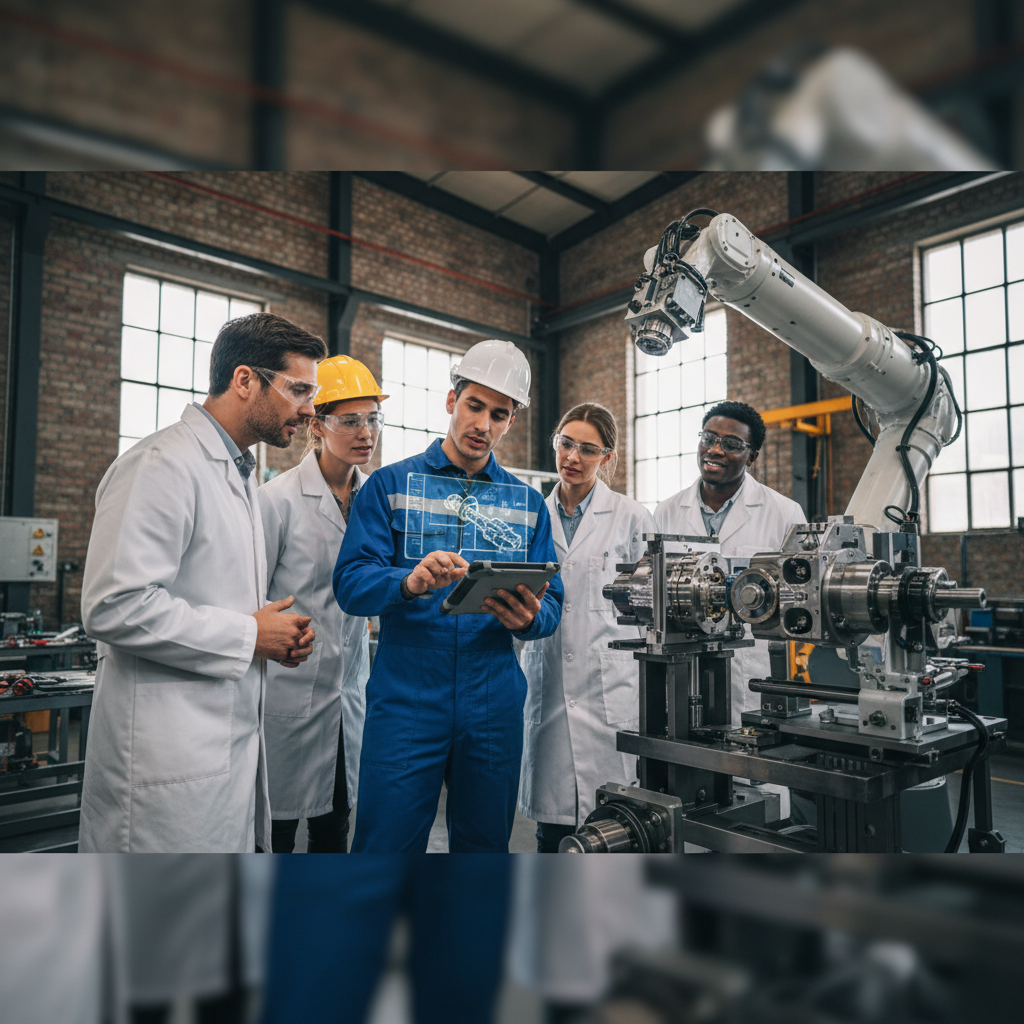 Une équipe d'ingénieurs multinationale discute d'une machine complexe avec une tablette.