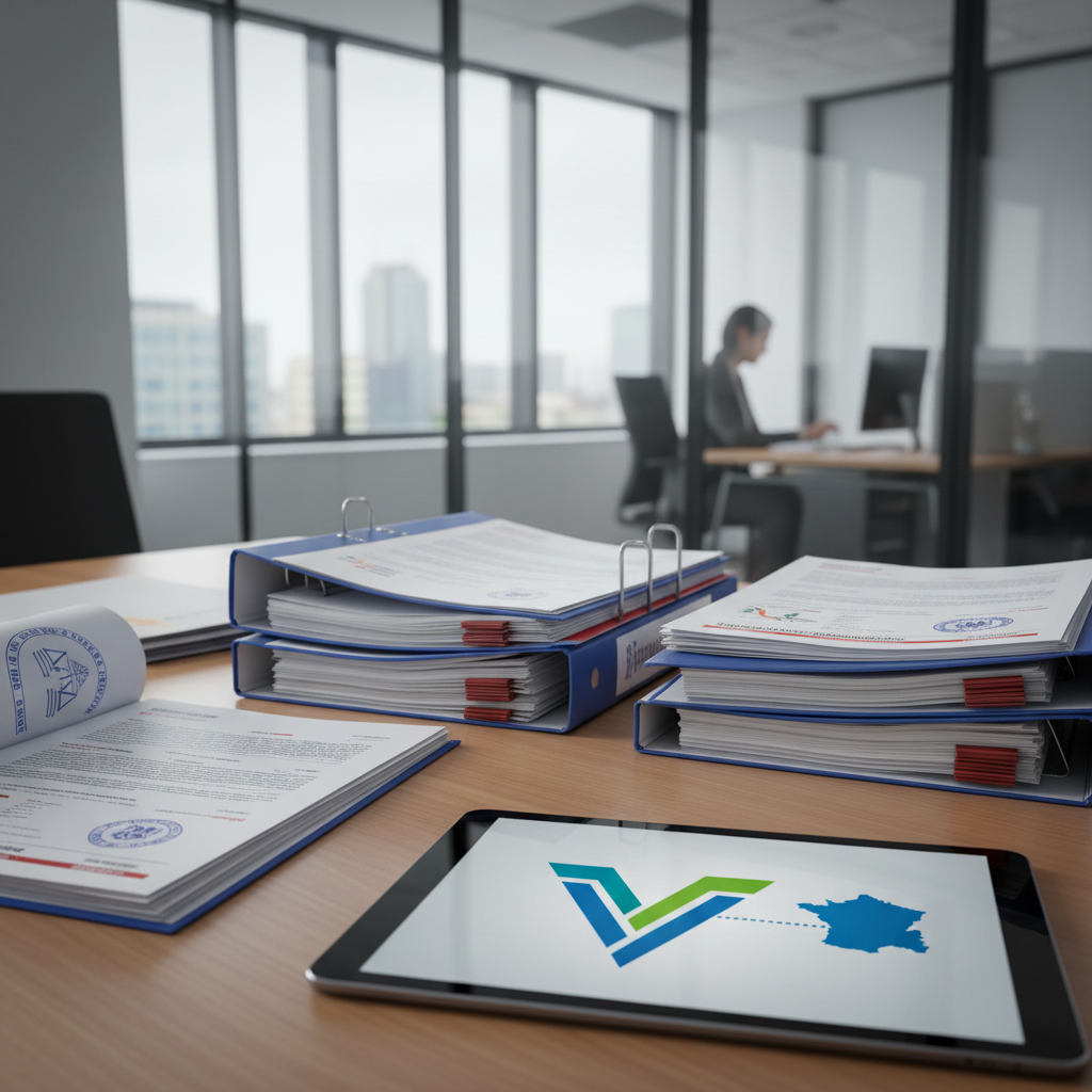 Bureau de recrutement spécialisé, affichant des documents de conformité et le logo de l'agence.