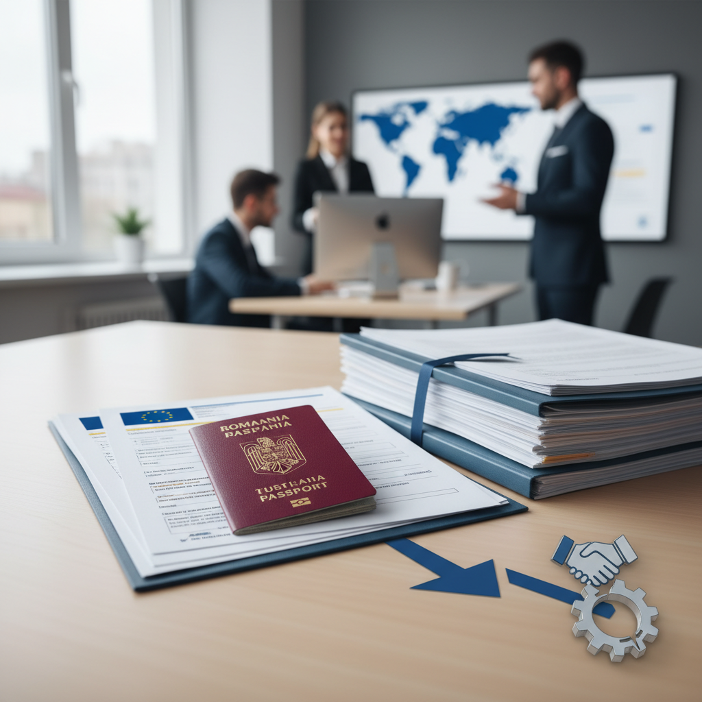 Dossiers administratifs, passeport roumain et formulaires européens pour le travail détaché.