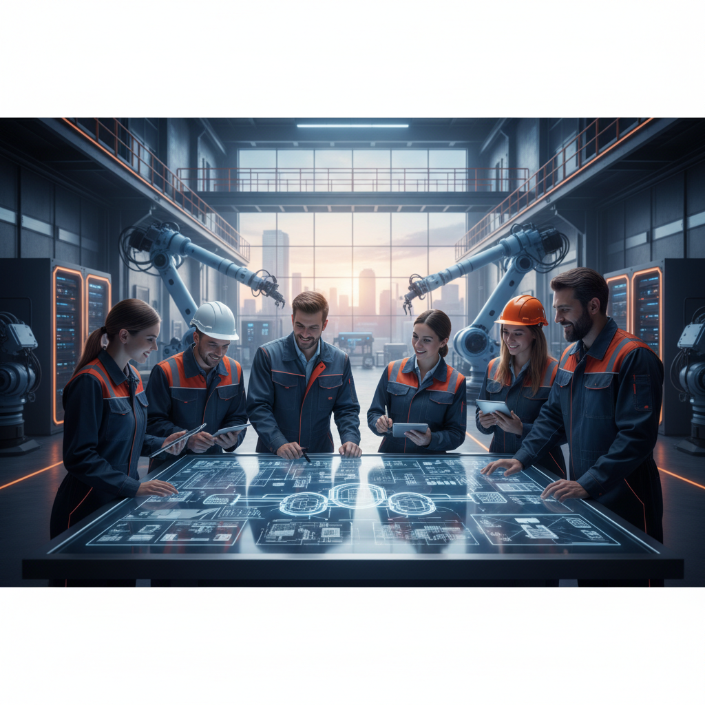 Ingénieurs et techniciens discutant dans un cadre industriel high-tech.