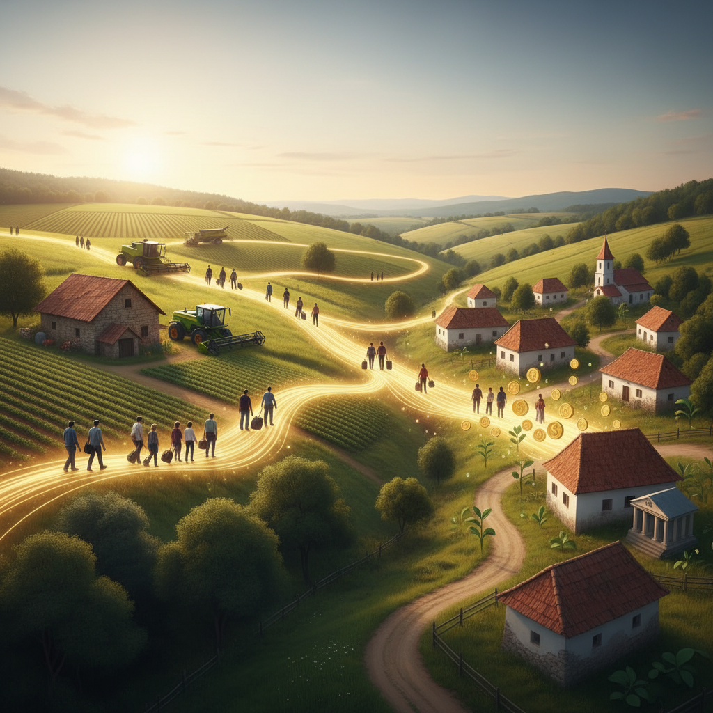 Flux économique entre fermes européennes et villages roumains.