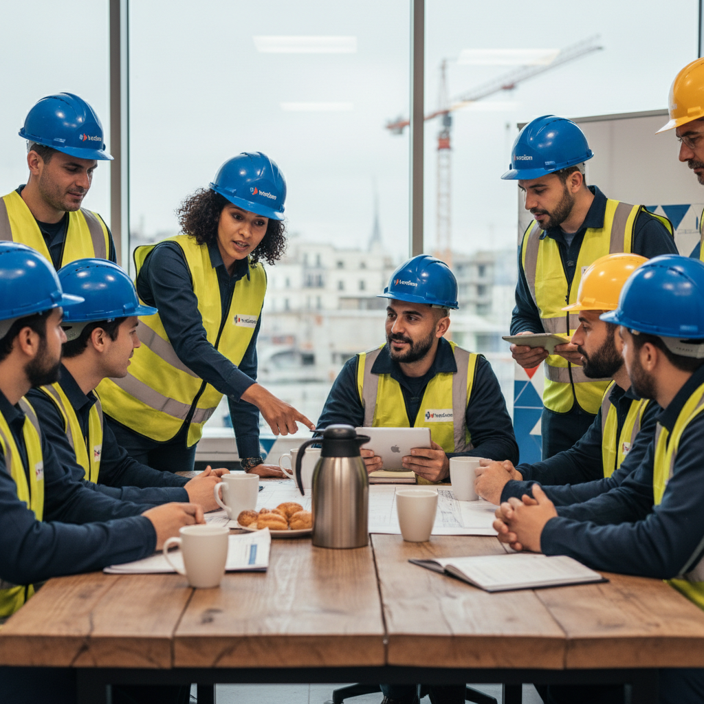 Équipe de construction diverse en France lors d'une réunion de sécurité collaborative.